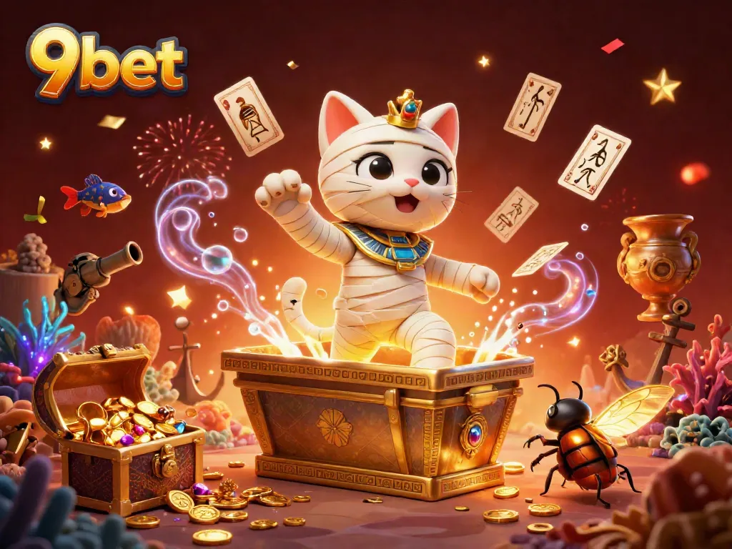 Engage in exciting gameplay at 9bet, featuring a mummy cat and a scarab beetle in a vibrant casino setting.