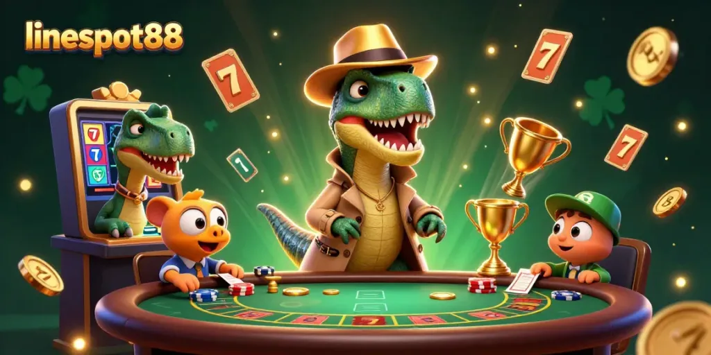 Experience thrilling action at lineslot88 with a cartoon velociraptor playing blackjack amid casino excitement and dynamic slot elements.