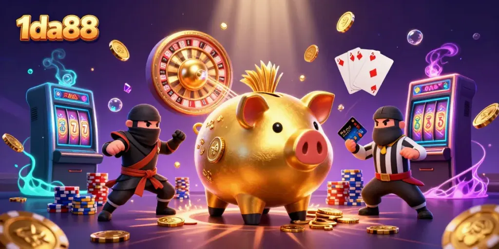 Experience exciting gameplay with 1da88 in a vibrant, action-packed casino scene with dynamic characters and elements.