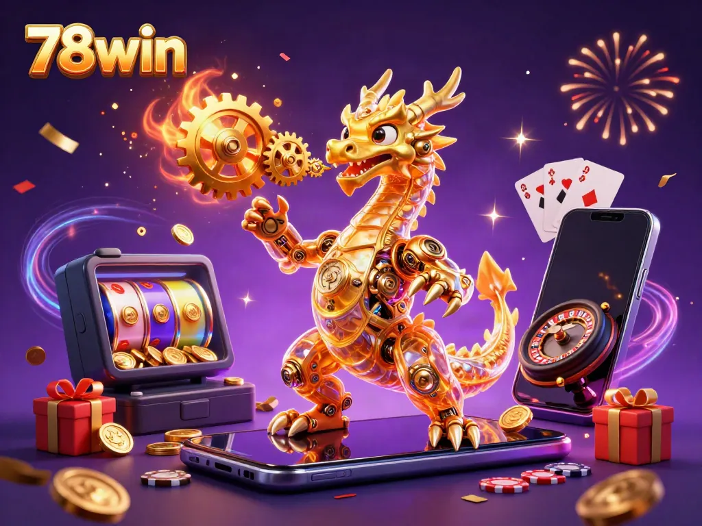 Engage with 78win's vibrant slot gaming scene featuring a golden dragon and animated game elements.