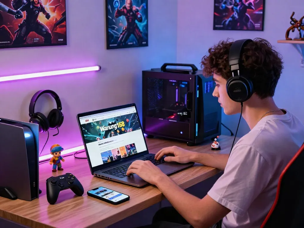 Young adult exploring warung168 digital gaming store with vibrant gaming setup