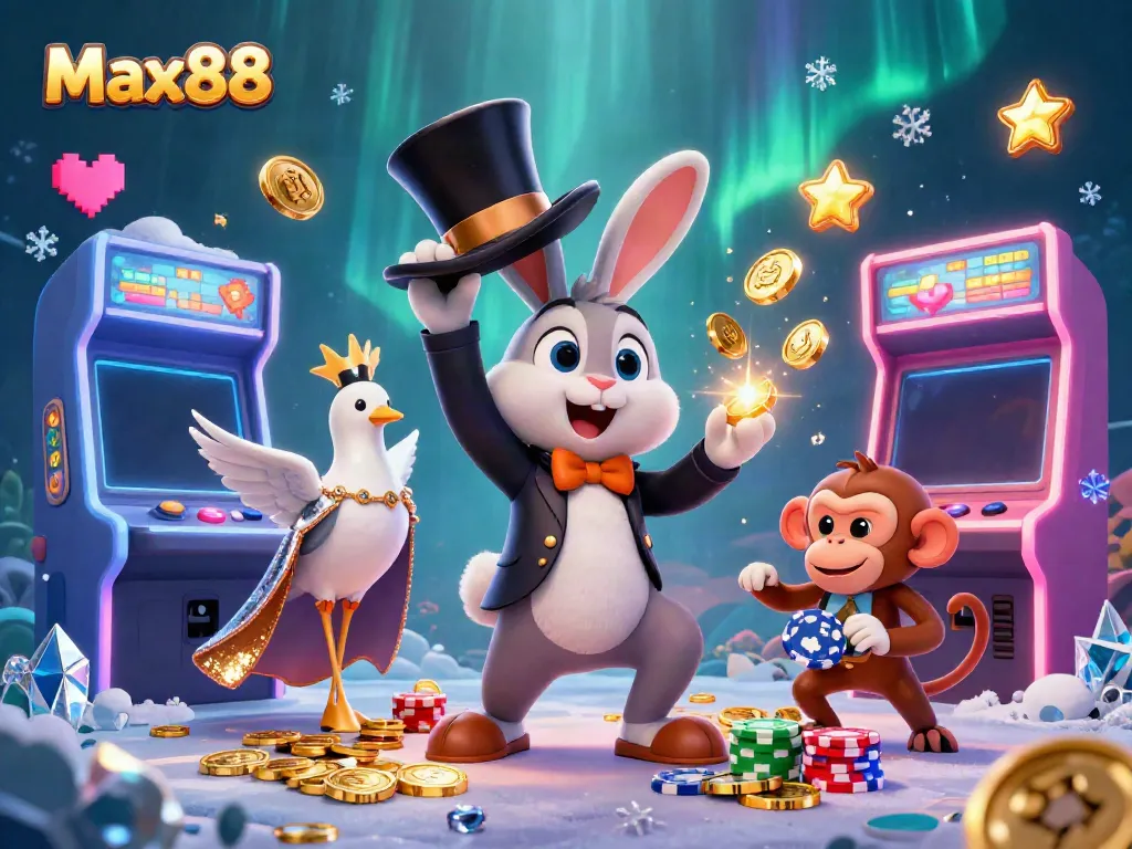 Experience the magic of Max88 with a cartoon rabbit, dove, and monkey in a vibrant casino scene.