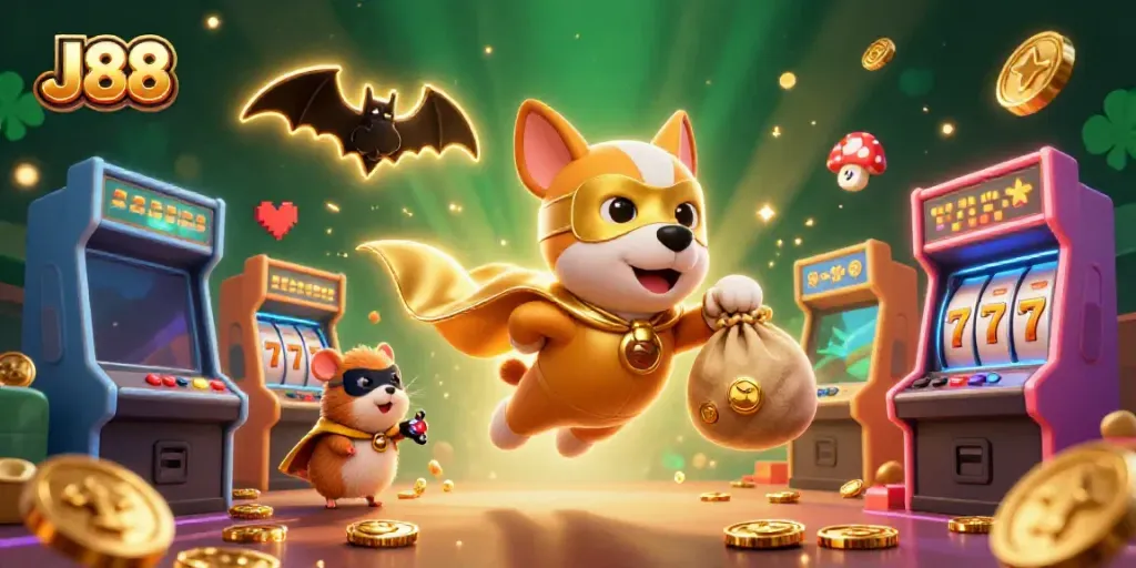 J88 promo illustration showing a superhero dog and hamster amidst vibrant slot reels and gaming symbols.