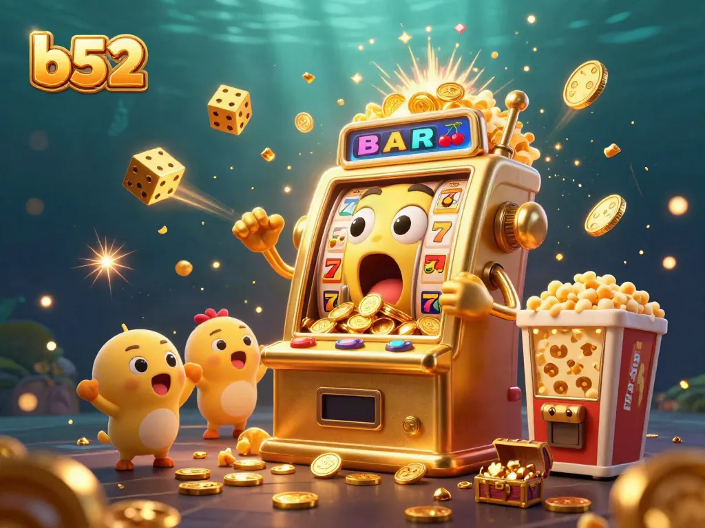 Experience the exciting jackpot moment with b52's golden slot machine showering coins in a lively casino scene.