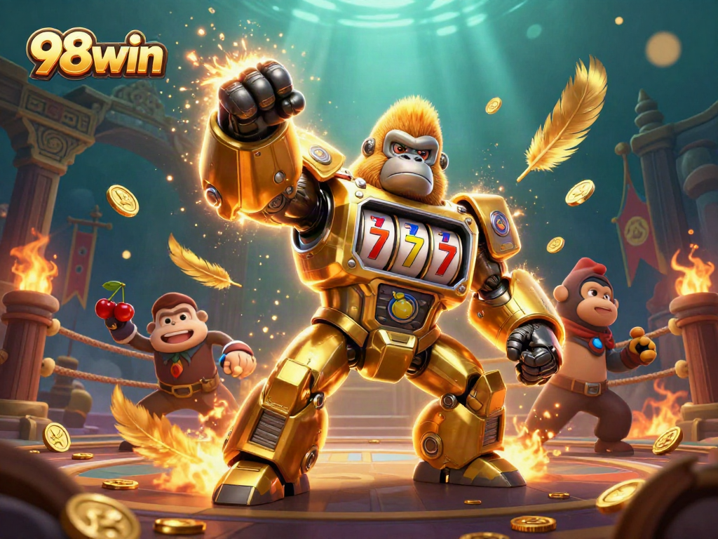 Engage in exciting gaming with 98win, featuring a dynamic golden gorilla mech and exciting casino elements.