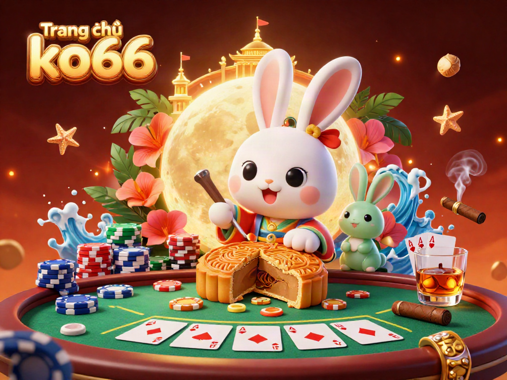 Experience the thrill of Trang chủ ko66 in a vibrant casino scene with poker chips and moon rabbit elements.