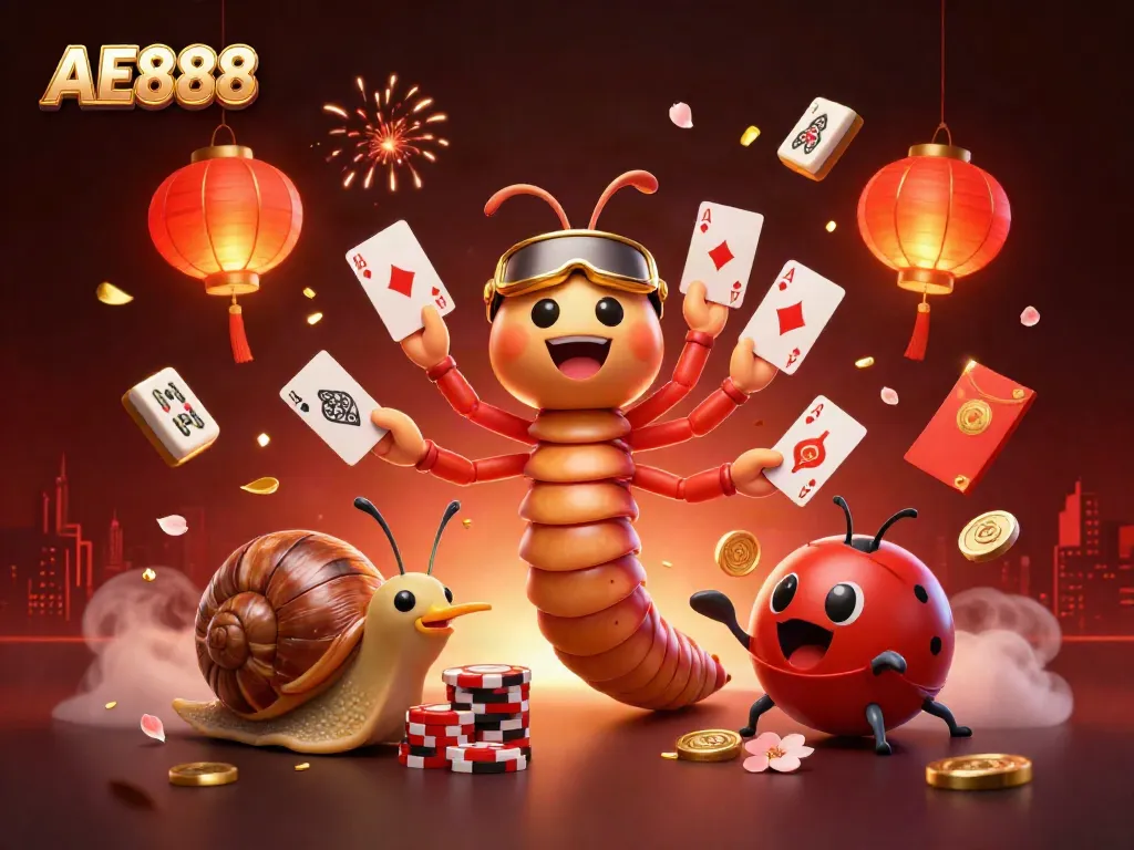 Experience the vibrant world of AE888 with a captivating cartoon casino scene featuring unique characters and lively game elements.