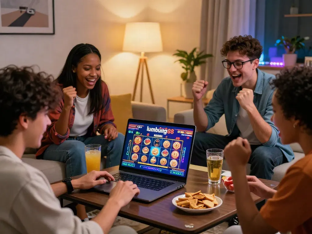 Exciting online gambling experience with friends enjoying lumbung88 gaming on a laptop in a cozy living room.
