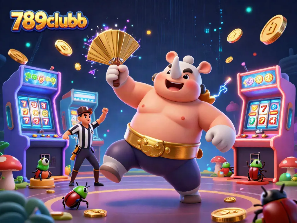 Engage in thrilling gameplay with 789clubb's vibrant 3D casino scene featuring beetles, games, and gold.