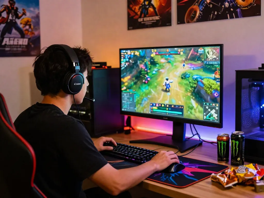 Engaged gamer at home using warung168 gaming setup, vibrant LED lighting and snacks.