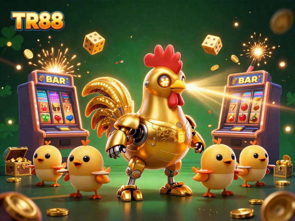 Experience the excitement of TR88 with vibrant slot machines and a golden rooster robot in action.