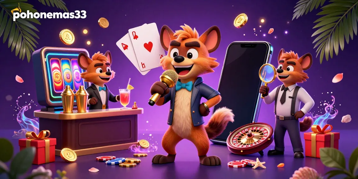 Pohonemas33 menghadirkan suasana kasino dengan hyena lucu bertema komedi, slot, dan permainan kartu.