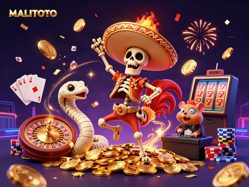 MALITOTO features a lively scene with a dancing rooster, a mummy snake, and a DJ hamster amidst cascading treasures celebrating gambling.