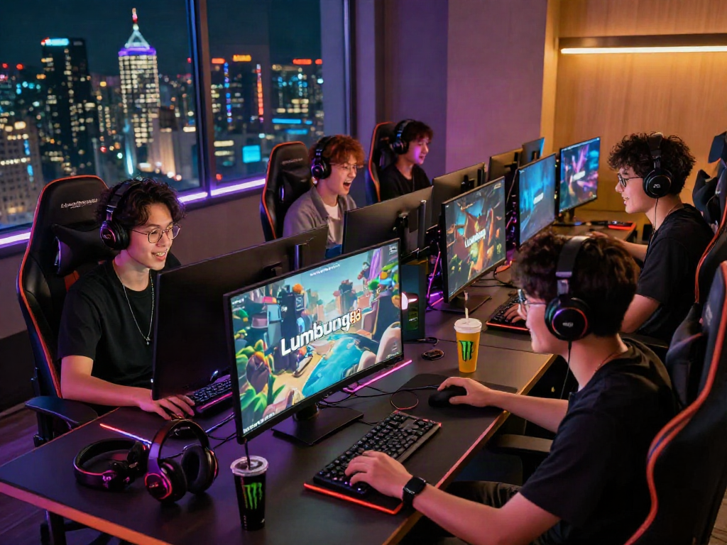 Exciting gaming setup with lumbung88 logo shown on screens, dynamic atmosphere.
