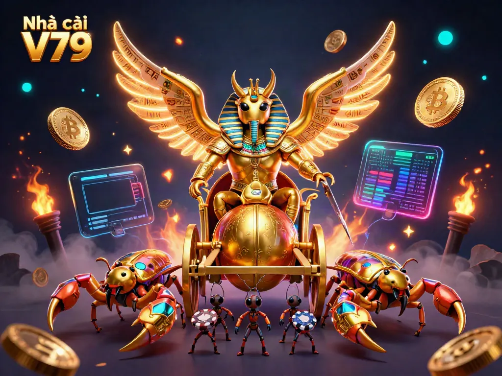 Experience the excitement at Nhà cái V79 with a stunning 3D illustration of a golden scarab beetle in a dynamic casino scene.