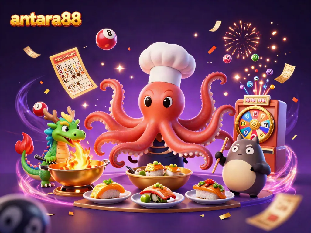 Experience the thrilling action of antara88 with a vibrant 3D scene featuring unique characters, golden prizes, and festive energy.
