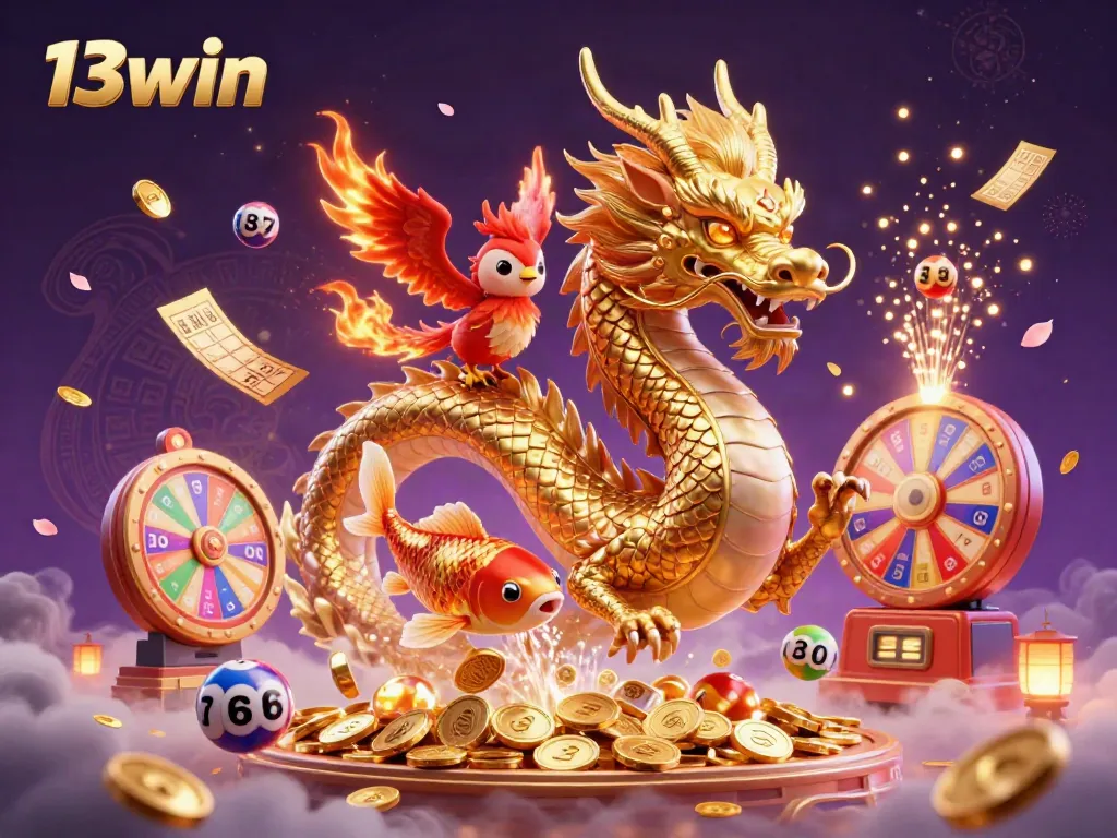 Engage in thrilling gameplay with 13win featuring a dragon and phoenix amidst a vibrant casino scene.