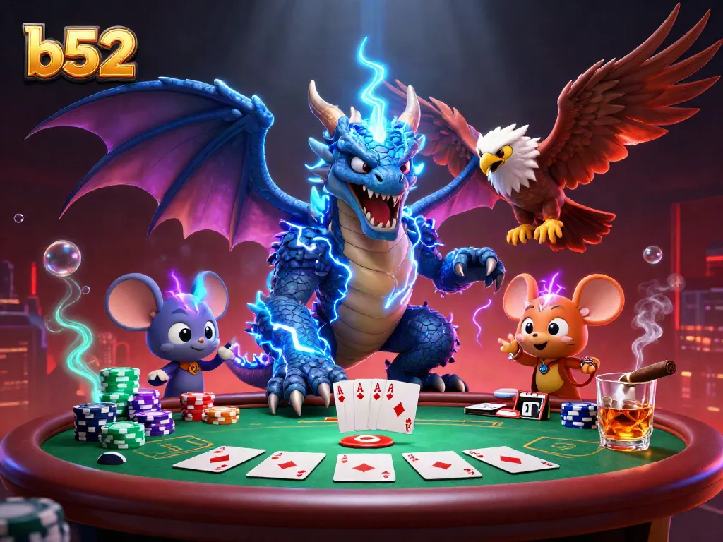 Engage in b52 action with a vibrant scene featuring a thunder dragon at a poker table, capturing the thrill of gaming.