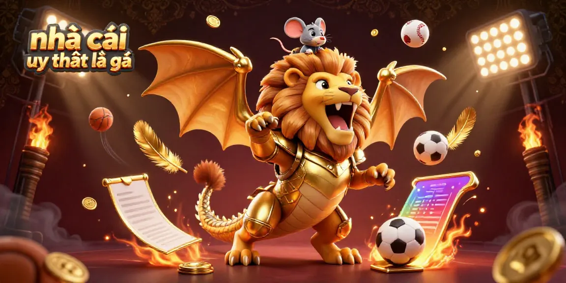 Engage in exciting sports betting with nhà cái uy tín là gì, featuring a victorious chimera and dynamic sports elements.