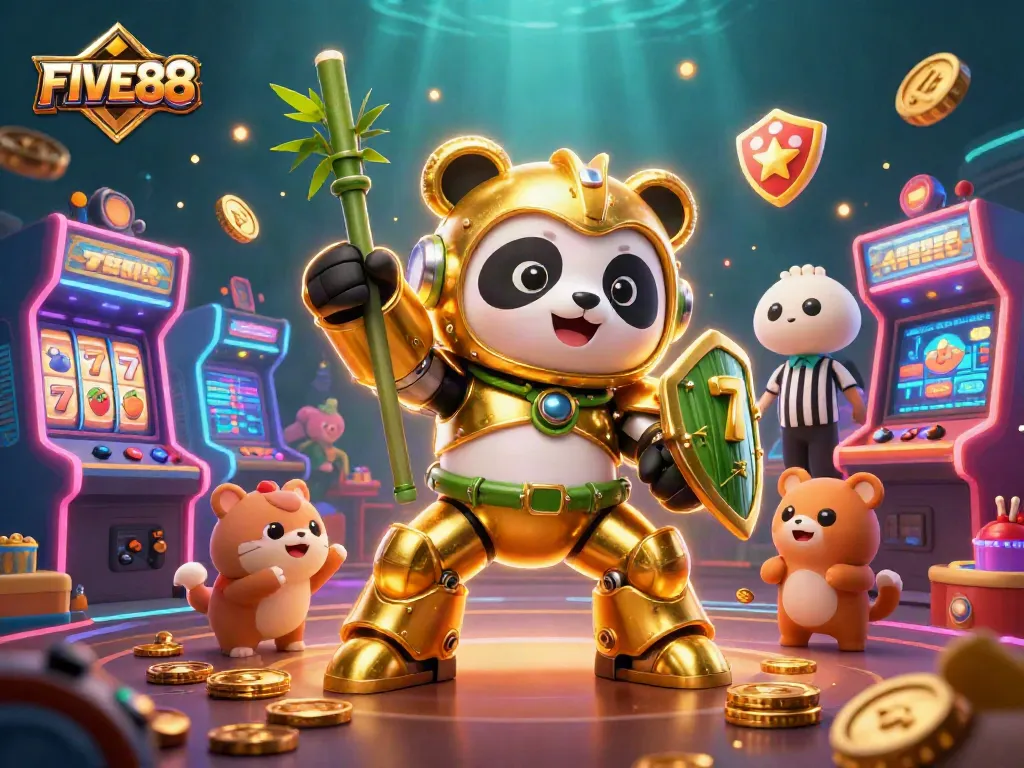 Engage with FIVE88's exciting casino arena featuring a golden panda piloting a unique robot amidst vibrant gaming elements.
