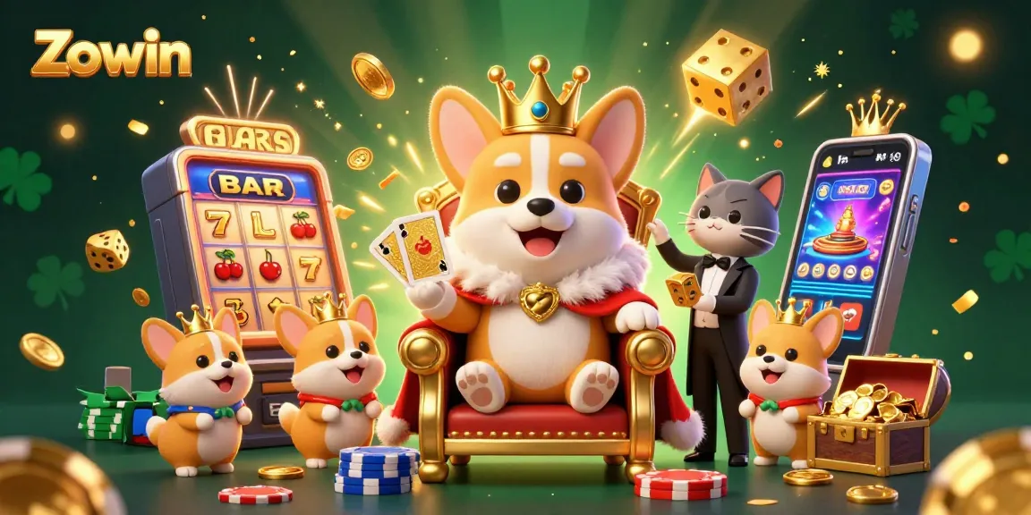 Zowin features a royal corgi on a poker chip throne amid vibrant casino elements, illustrating excitement.