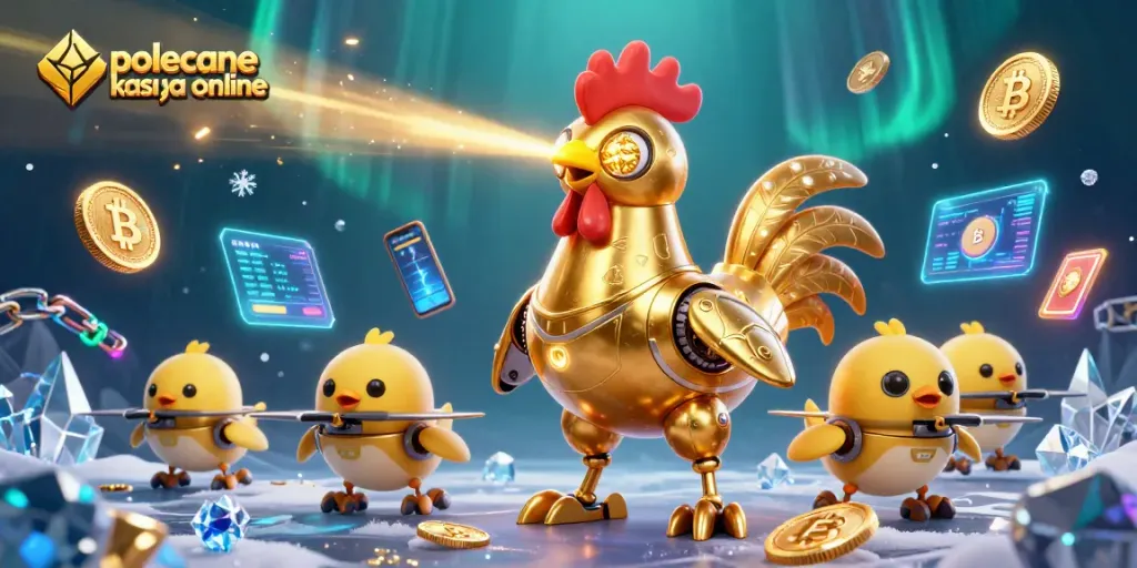 Engage with polecane kasyna online featuring robotic characters and cryptocurrencies in a vibrant casino scene.