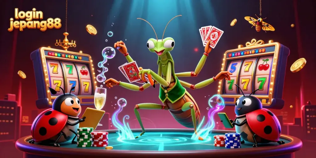 Engage with compelling luck using the login jepang88 as vibrant slot reels spin with animated characters.