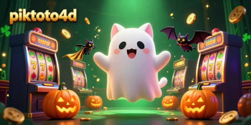 Experience the thrills of piktoto4d with a lively scene of a friendly ghost cat and a bat in a haunted casino setting.