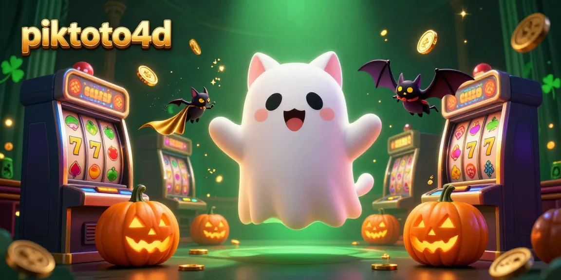 Experience the thrills of piktoto4d with a lively scene of a friendly ghost cat and a bat in a haunted casino setting.