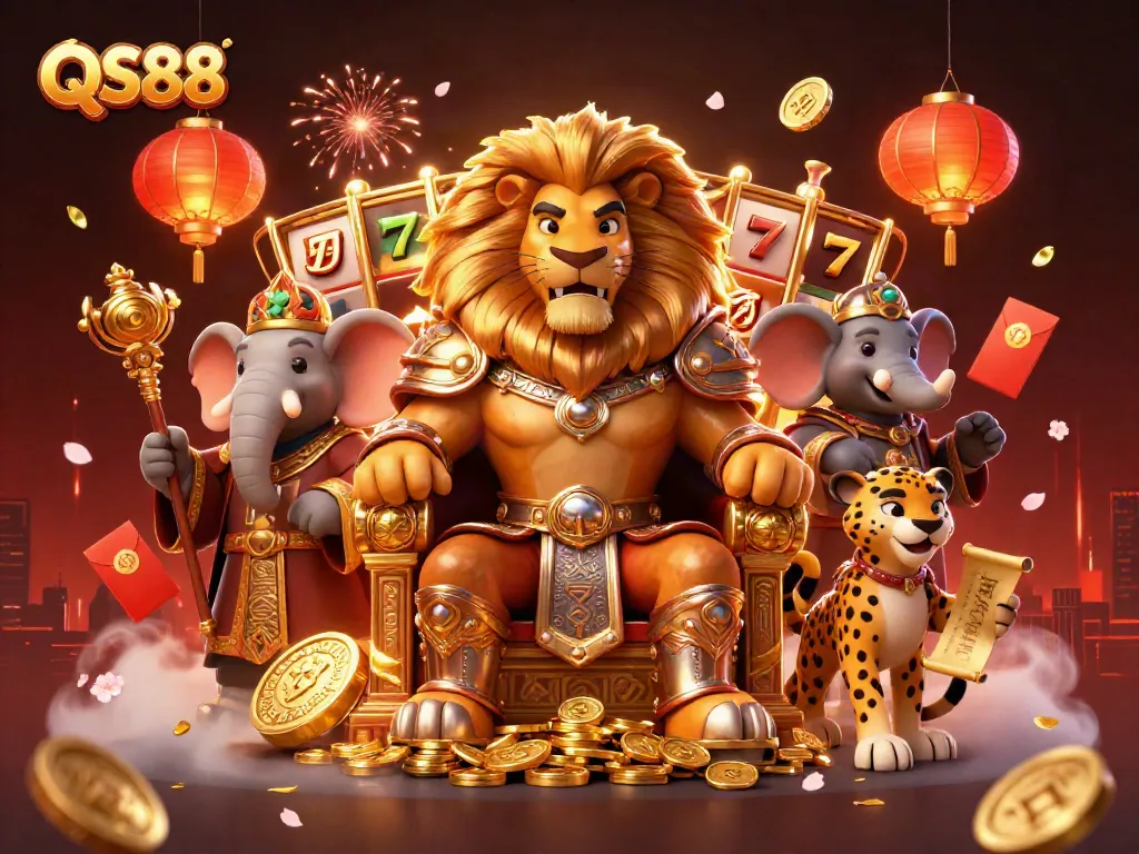 Win big at QS88 with a dynamic casino scene featuring the lion king and various game elements.