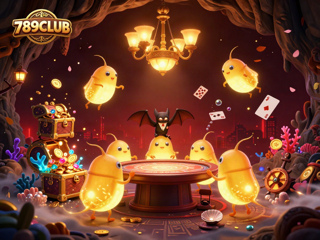 Experience thrilling gaming action at 789CLUB in a captivating cave casino illuminated by glowworms.