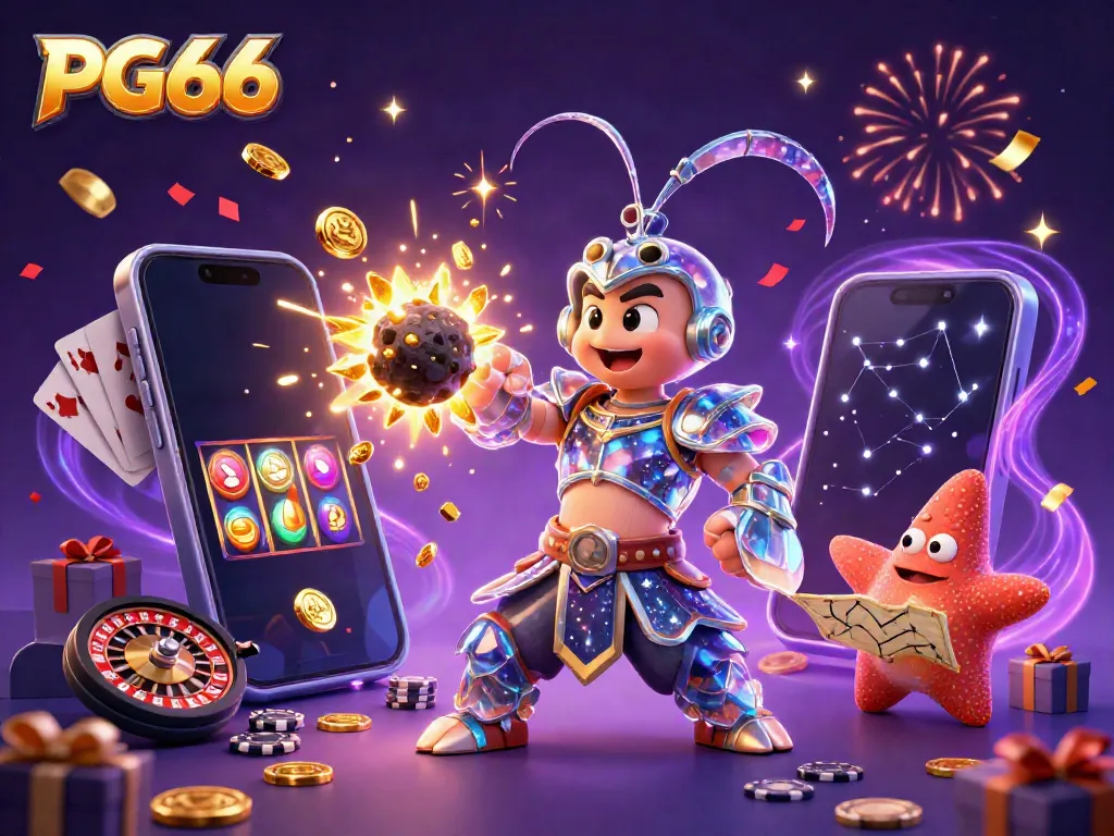 Engage with PG66 and win big with an exciting 3D digital casino scene featuring vibrant games and characters.