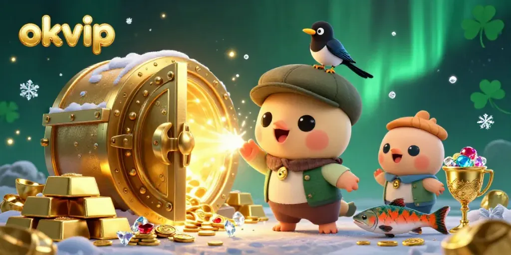 Spin to win at okvip with adorable cartoon characters and treasure galore in this enchanting 3D illustration.