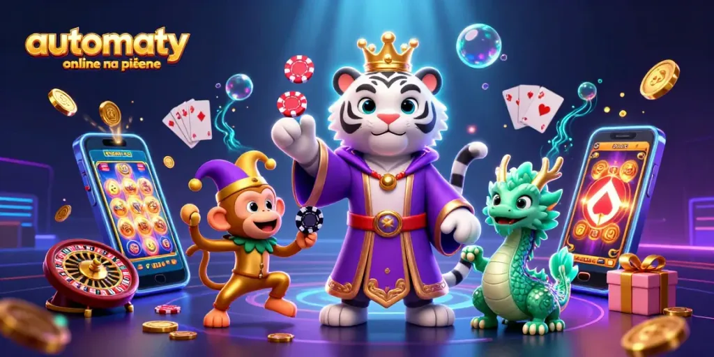 Experience automaty online na pieniądze amidst a vibrant casino-themed illustration with lively characters and game elements.