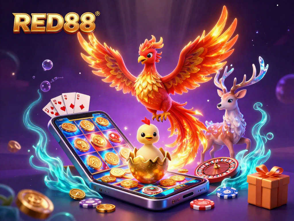 Join the thrilling world of gambling at RED88, where a fiery phoenix signifies jackpots and gaming excitement.