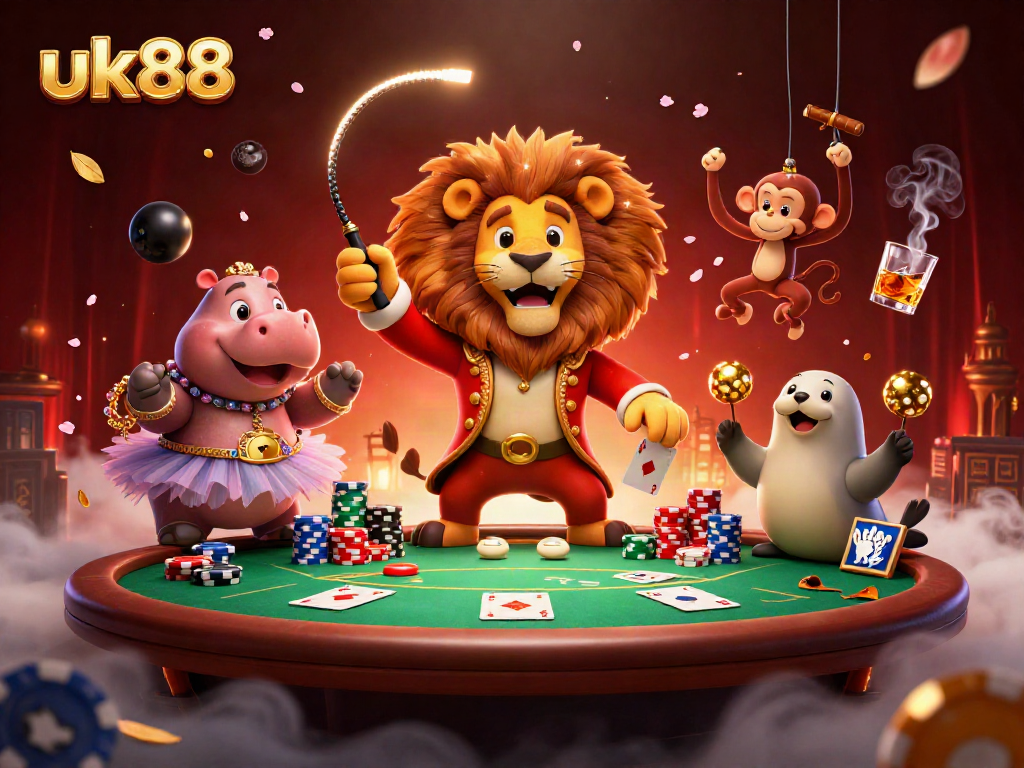 uk88 casino characters entertain at a vibrant poker table with dazzling gameplay elements.