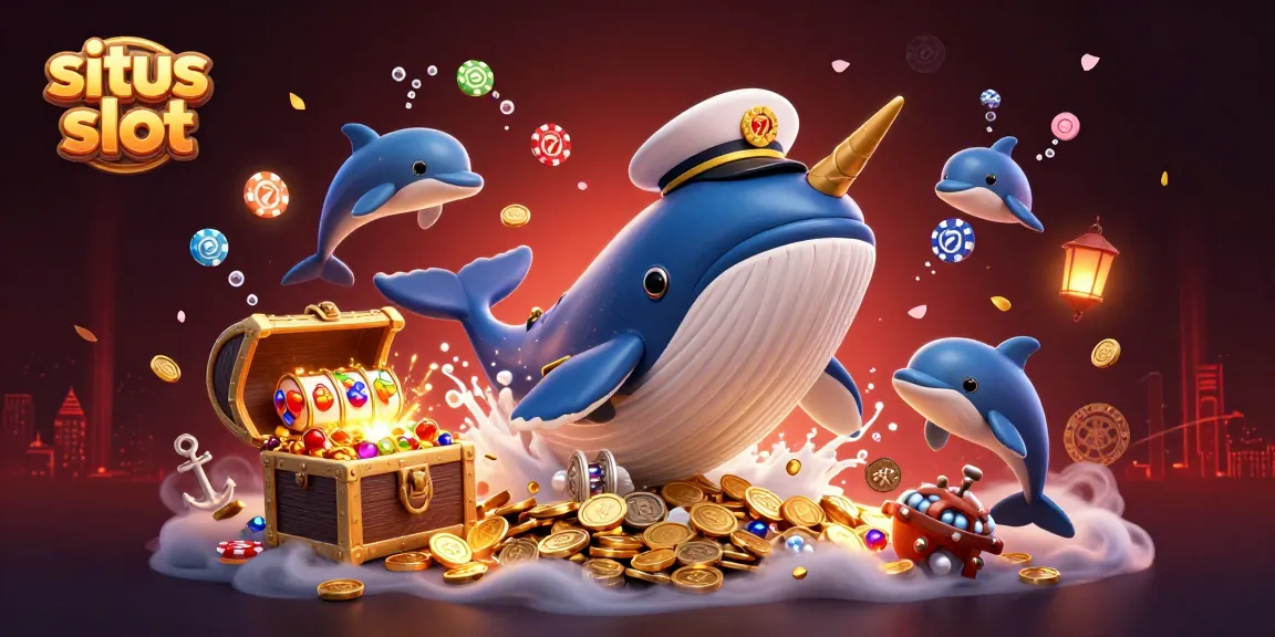 Situs slot yang menarik dengan paus kartun dan simbol permainan, penuh detail mengagumkan.