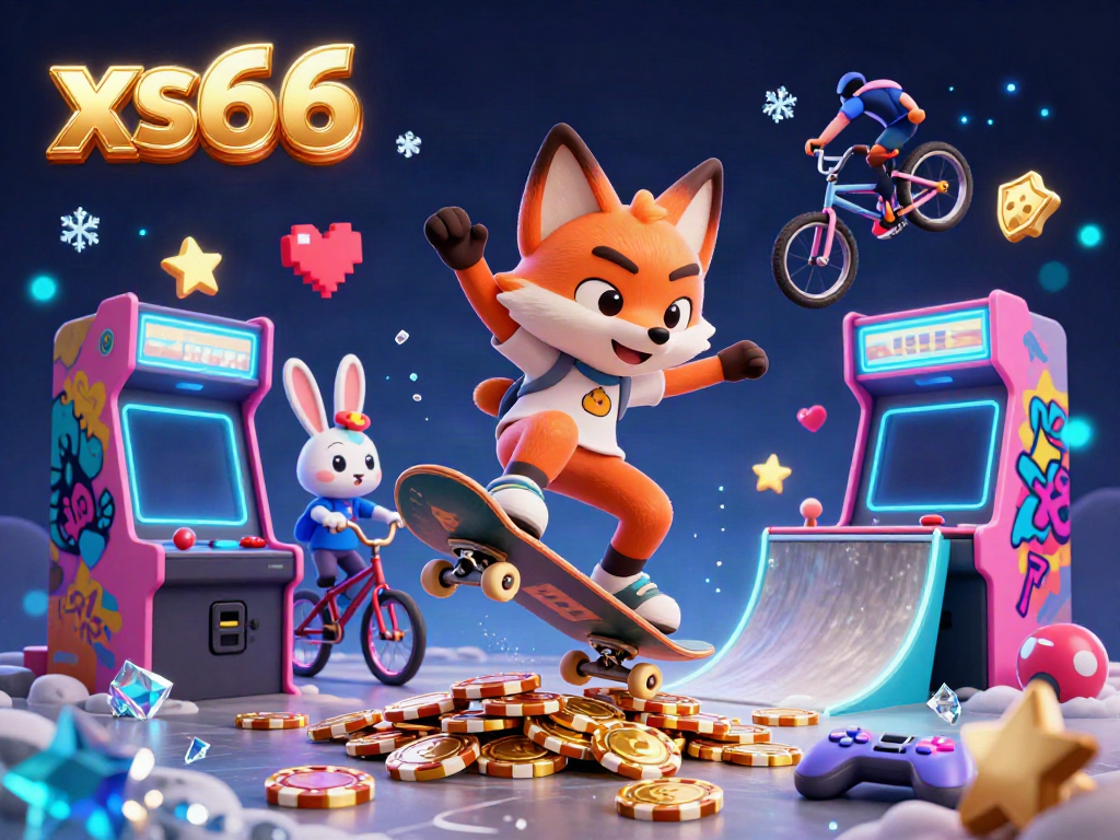 Experience the excitement of xs66 with a skateboarder fox and BMX rabbit in a vibrant casino environment.