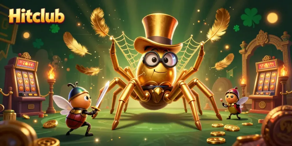 Experience the thrill of Hitclub with a whimsical 3D illustration of a golden tarantula and beetle knight amidst slot machines and vibrant casino elements.