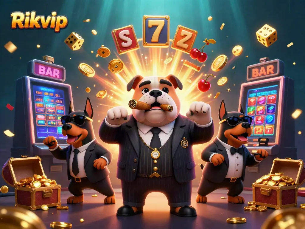 Experience the thrilling world of Rikvip with jackpot slots, vibrant game elements, and a dynamic cartoon setting.