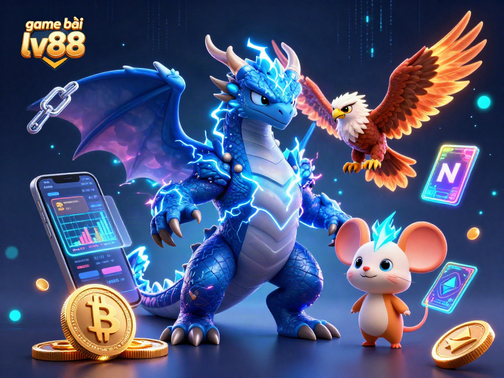 Experience game bài lv88: a stunning 3D illustration showcasing vibrant casino elements and crypto themes.