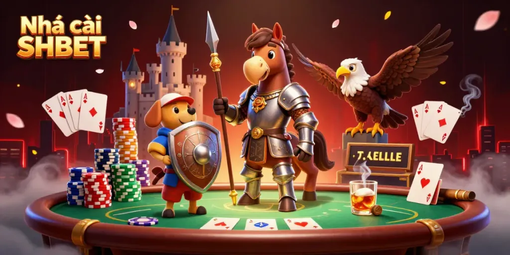 Engaging 3D scene illustrating Nhà cái SHBET with a knight, squire, and falcon around poker elements.