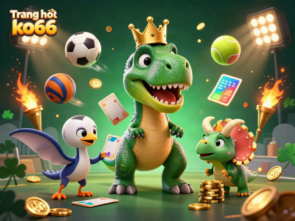 Engage with the vibrant scene showing Trang chủ ko66, where T-Rex, Pterodactyl, and Triceratops celebrate gaming with sports elements.