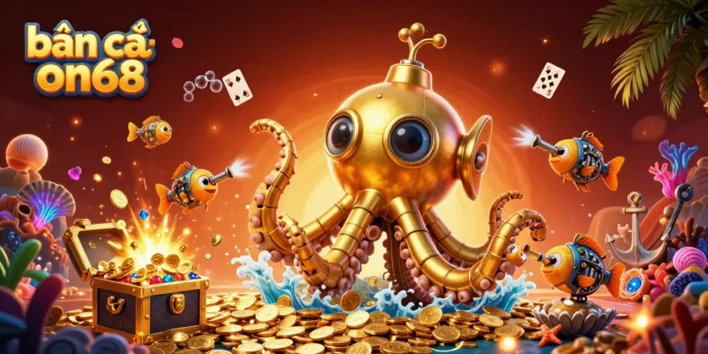 Experience the thrilling arcade of bắn cá on68, showcasing a dynamic sea of gold coins and mechanical fish amidst underwater treasures.