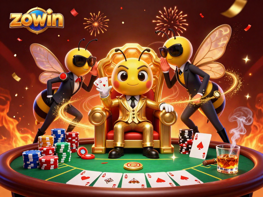 Experience the thrill of zowin gaming with vibrant characters and casino elements in a festive backdrop.