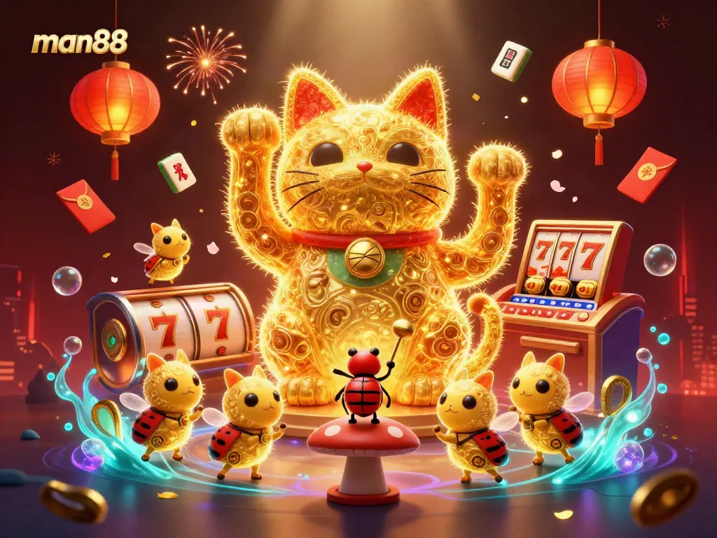 Engage in thrilling gameplay at man88 with a dazzling lucky cat surrounded by vibrant casino elements.