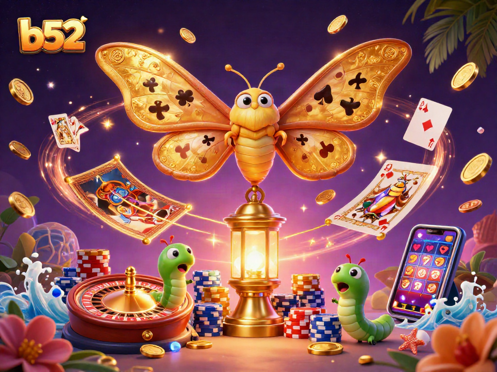 Spin and win with the b52-themed casino illustration showcasing vibrant games and golden winnings.