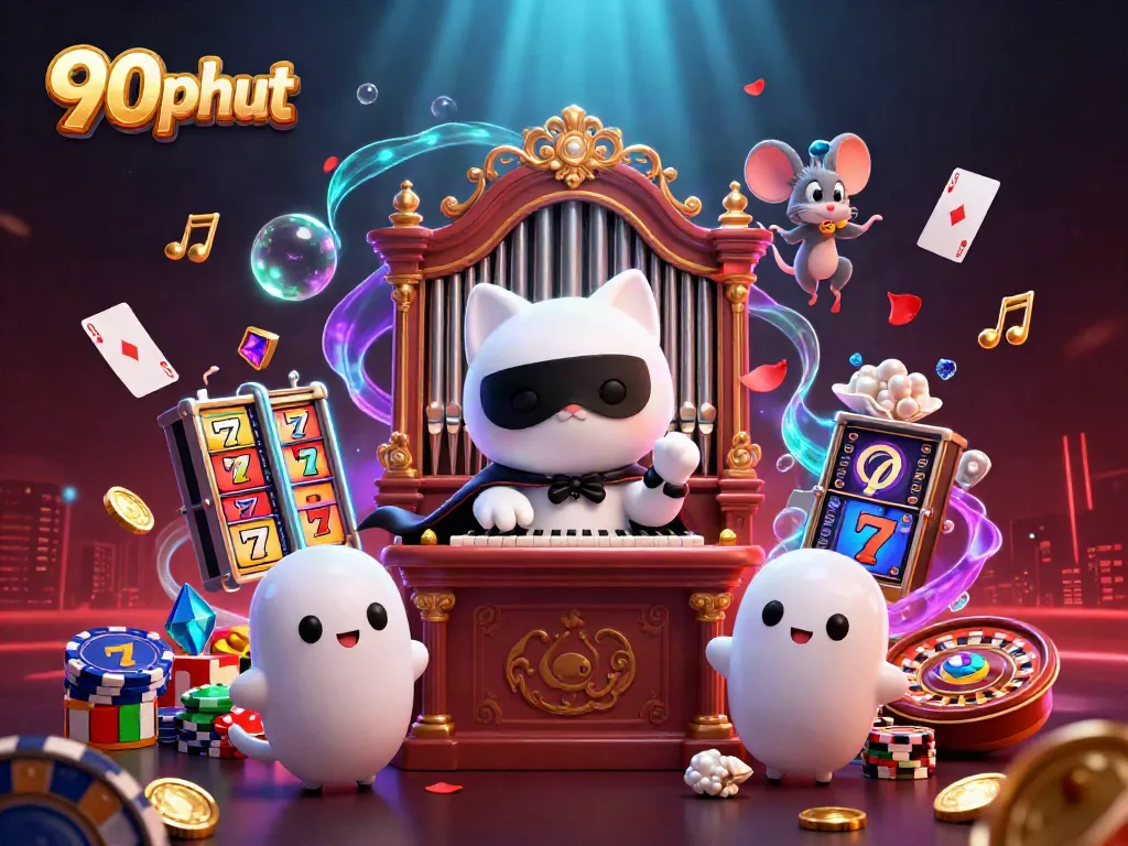 Engage with 90phut casino game adventures featuring a phantom cat and vibrant slot reels.