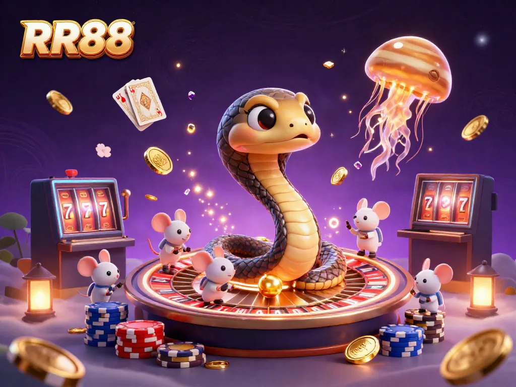 RR88's vibrant 3D casino scene showing a Saturn ring snake and astronaut mice betting, celebrating gaming excitement.