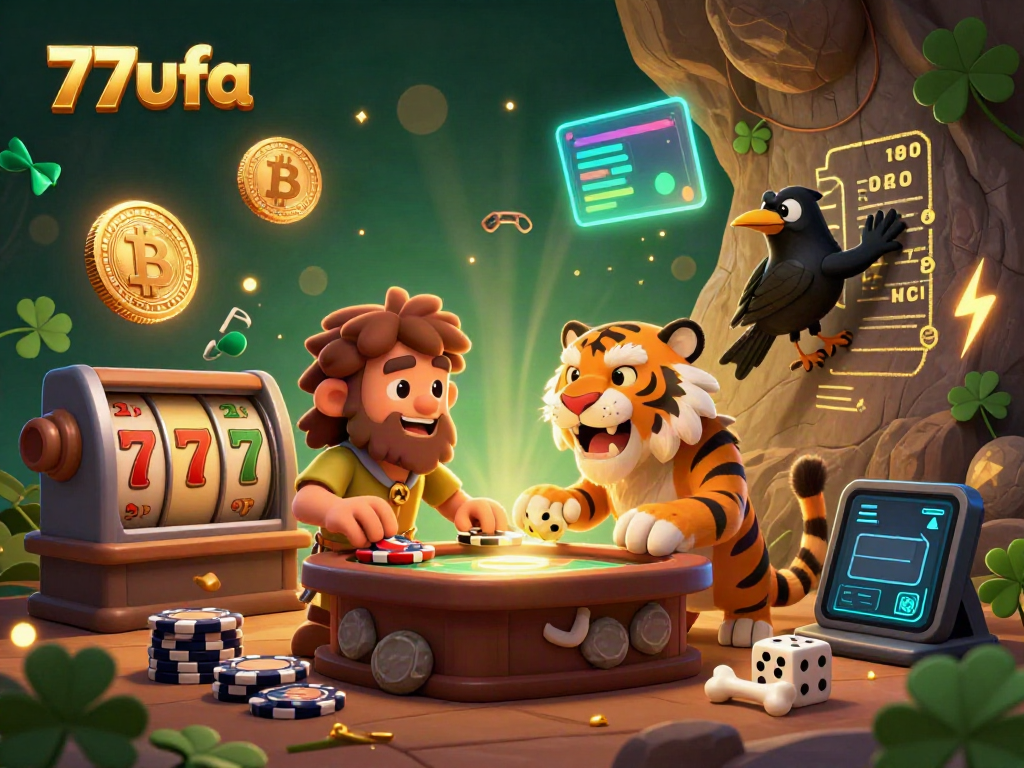 Experience the thrilling world of 77ufa with a playful caveman and sabertooth tiger duo in a prehistoric casino.